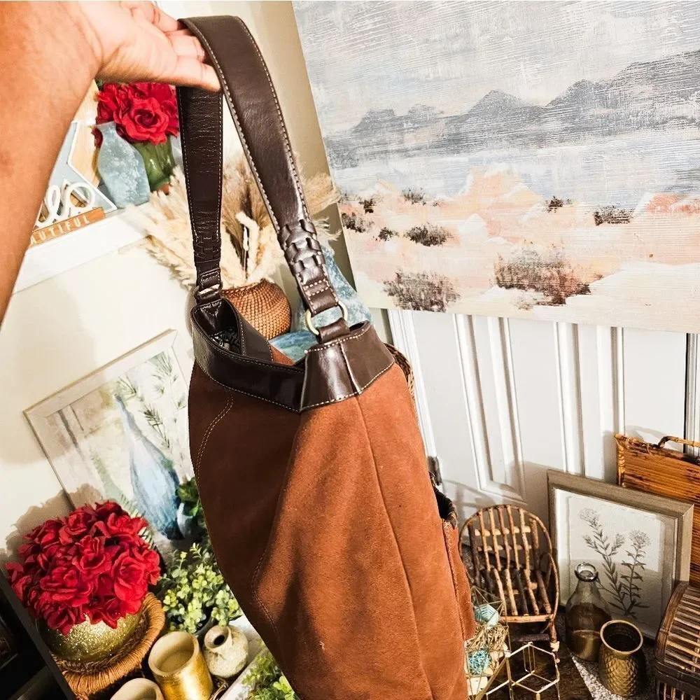 Tignanello Brown Suede Stylish Hobo Handbag.